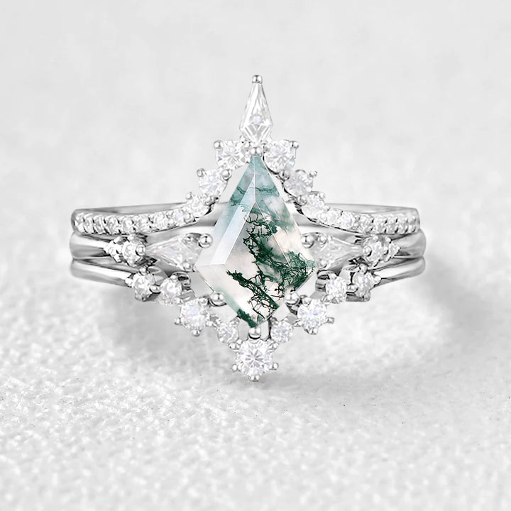 ART Kite Cut Moss Agate Engagement Ring Set 3pcs