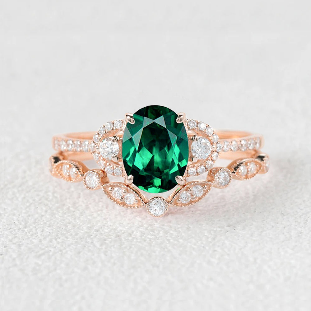 vintage oval cut lab emerald yellow gold ring sets 2pcs - 14k yellow gold - lab emerald custom promise rings for women and give her surprise gift anniversary rings forever love, rose gold ring