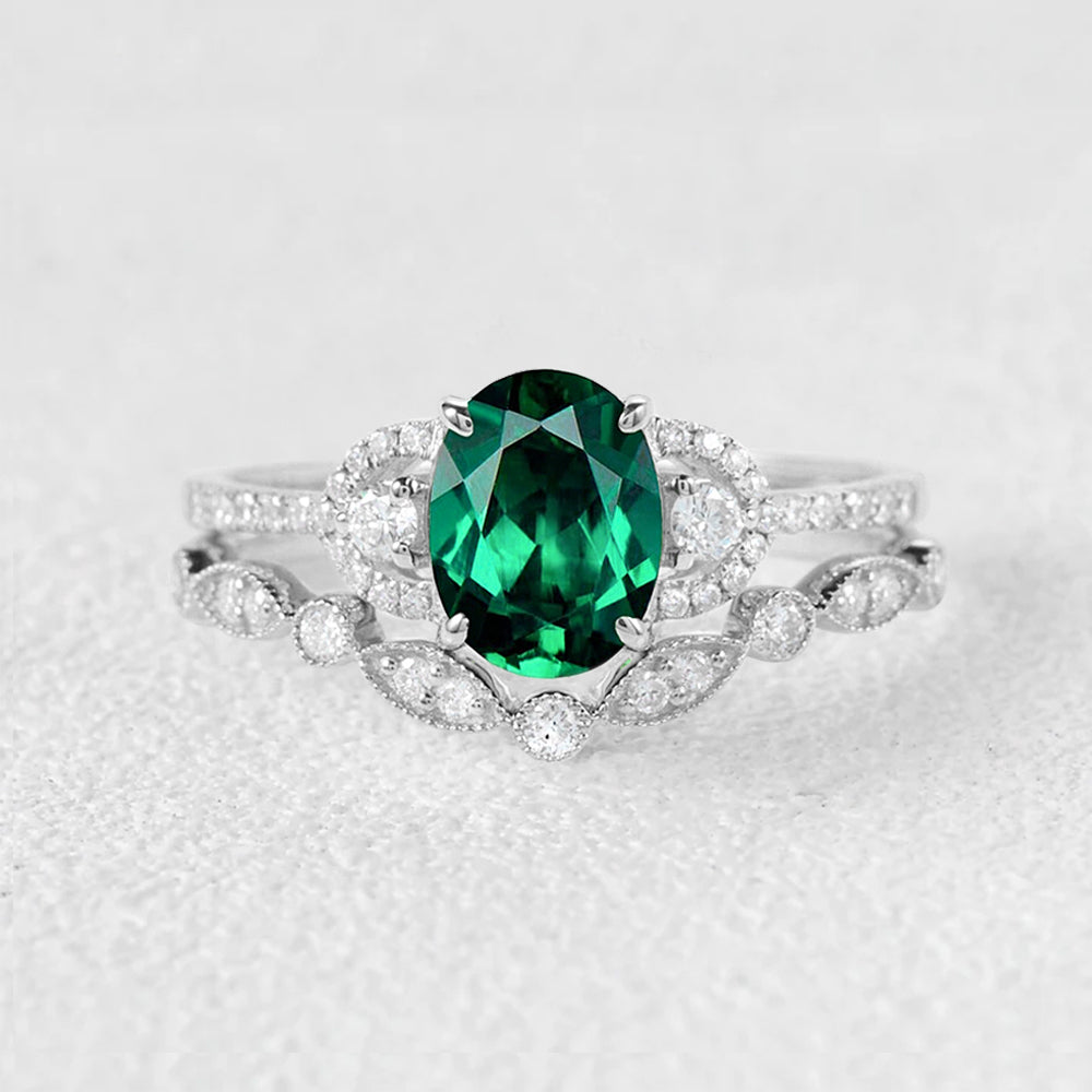 vintage oval cut lab emerald yellow gold ring sets 2pcs - 14k yellow gold - lab emerald custom promise rings for women and give her surprise gift anniversary rings forever love,white gold ring
