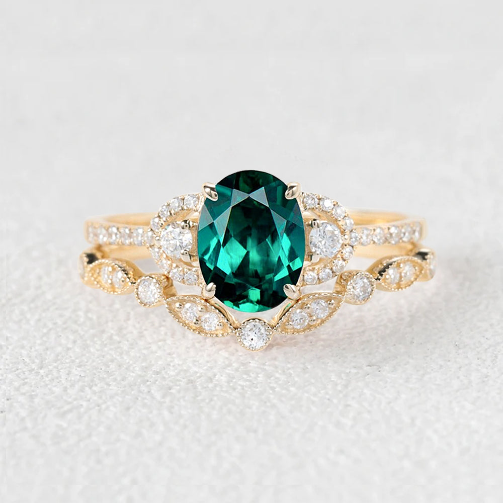 vintage oval cut lab emerald yellow gold ring sets 2pcs - 14k yellow gold - lab emerald custom promise rings for women and give her surprise gift anniversary rings forever love