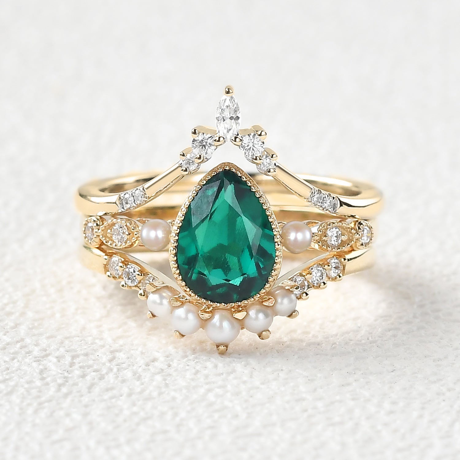 Pear Cut Emerald Multiple Ring Set 3pc Lab Emerald | AurumLuminos, gold rings set for women gift, promise ring, birthstone ring