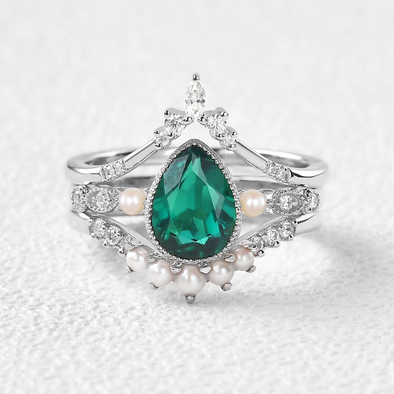 Pear Cut Emerald Multiple Ring Set 3pc Lab Emerald | AurumLuminos, white gold rings set for women gift, promise ring, birthstone ring