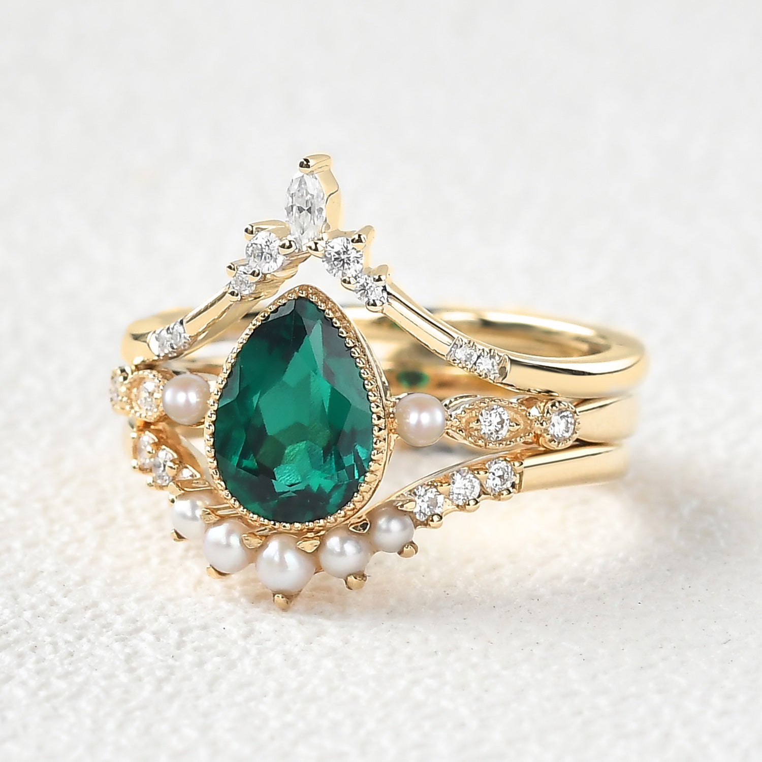 Pear Cut Emerald & Pearl Multiple Ring Set 3pcs