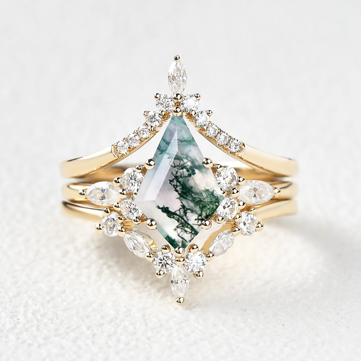 Unique Kite Cut Moss Agate Chevron Engagement Ring Set 3pcs for women, anniversar rings for wife ,girlfriend ring,marriage rings