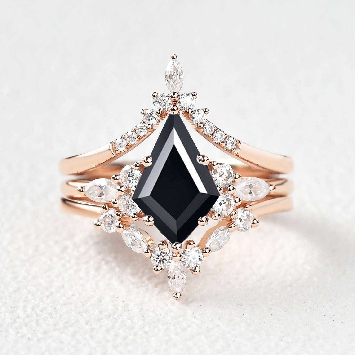 Unique Kite Cut Moss Agate Chevron Engagement Ring Set 3pcs for women, anniversar rings for wife ,girlfriend ring,marriage rings ,balck onyx ring