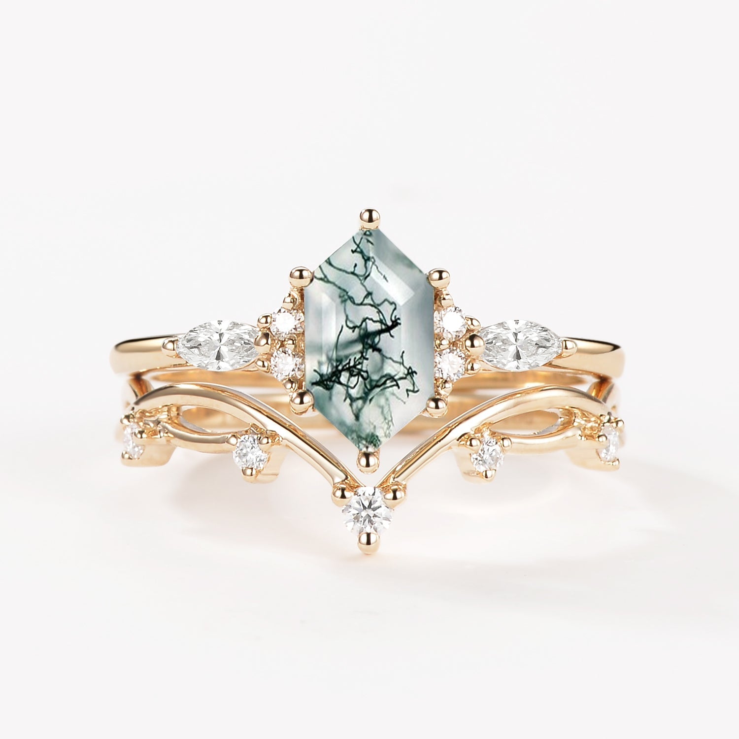 Long Hexagon Moss Agate Leafy Engagement Ring Set 2pcs