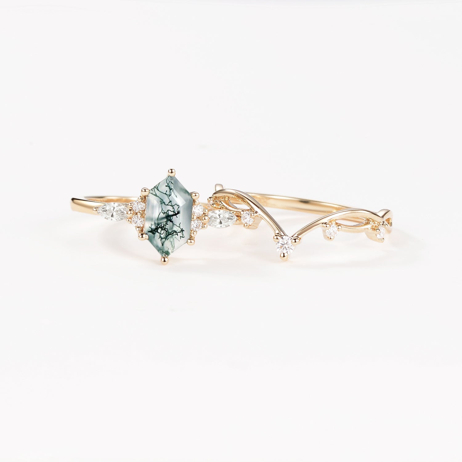 Long Hexagon Moss Agate Leafy Engagement Ring Set 2pcs