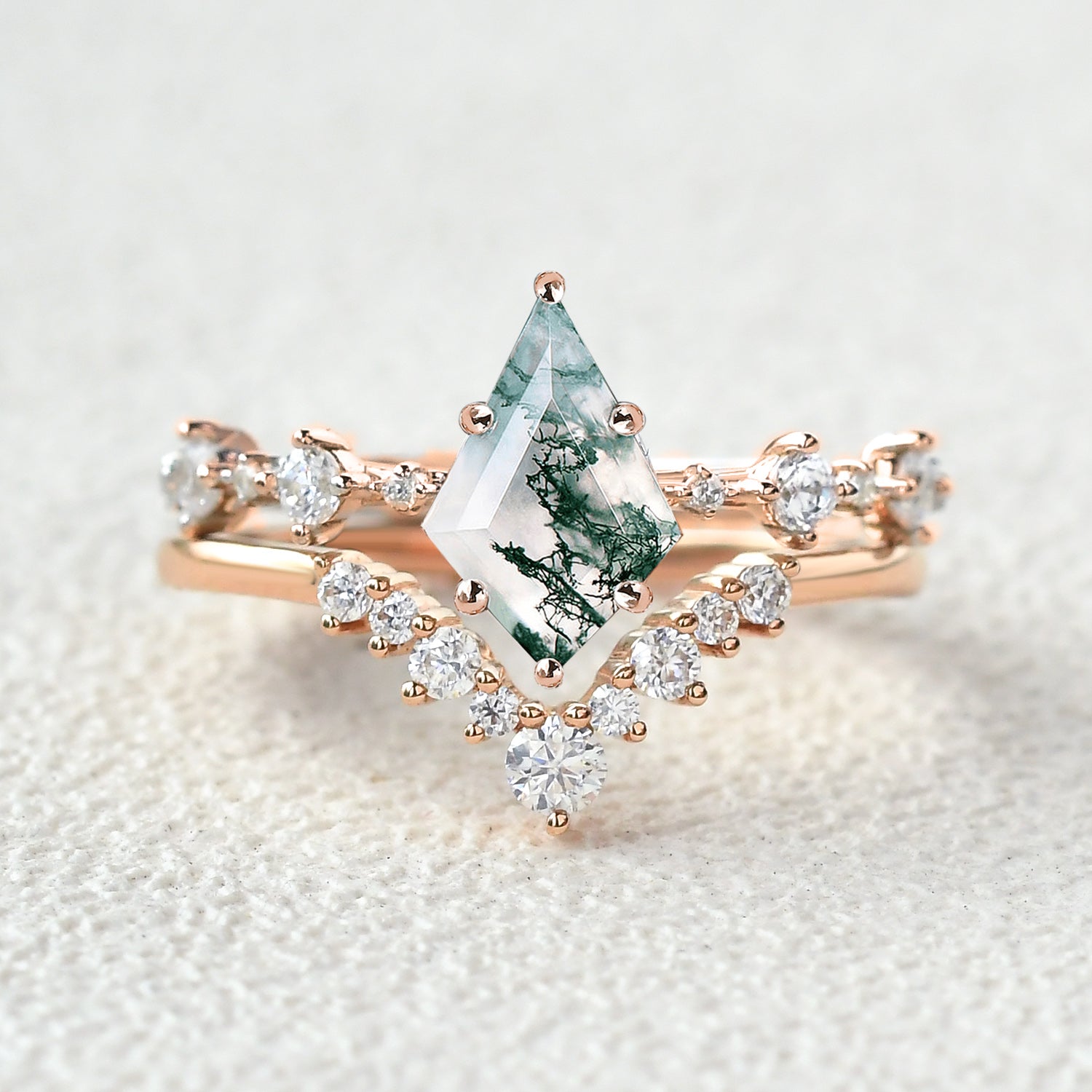 Green Moss Agate Kite Engagement Ring Sets 2pcs , custom gold rings for woemn, anniversary rings