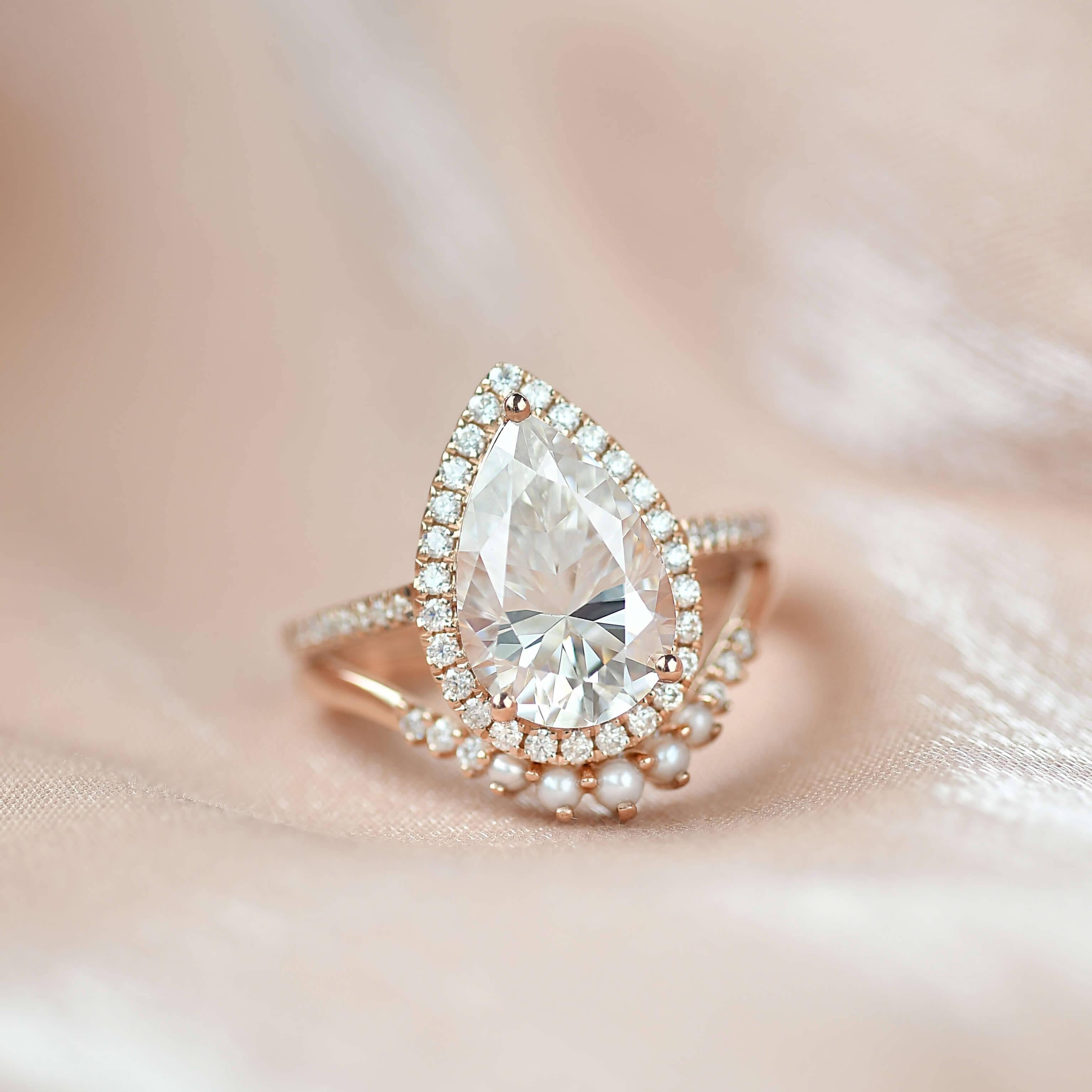 3.5ct Moissanite & Freshwater Pearls Ring Set 2pcs - Felicegals 丨Wedding ring 丨Fashion ring 丨Diamond ring 丨Gemstone ring--Felicegals