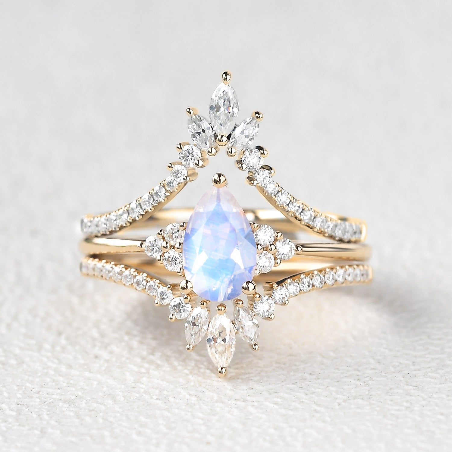 Moonstone Pear Signature Vintage Luna Ring Set 3pcs