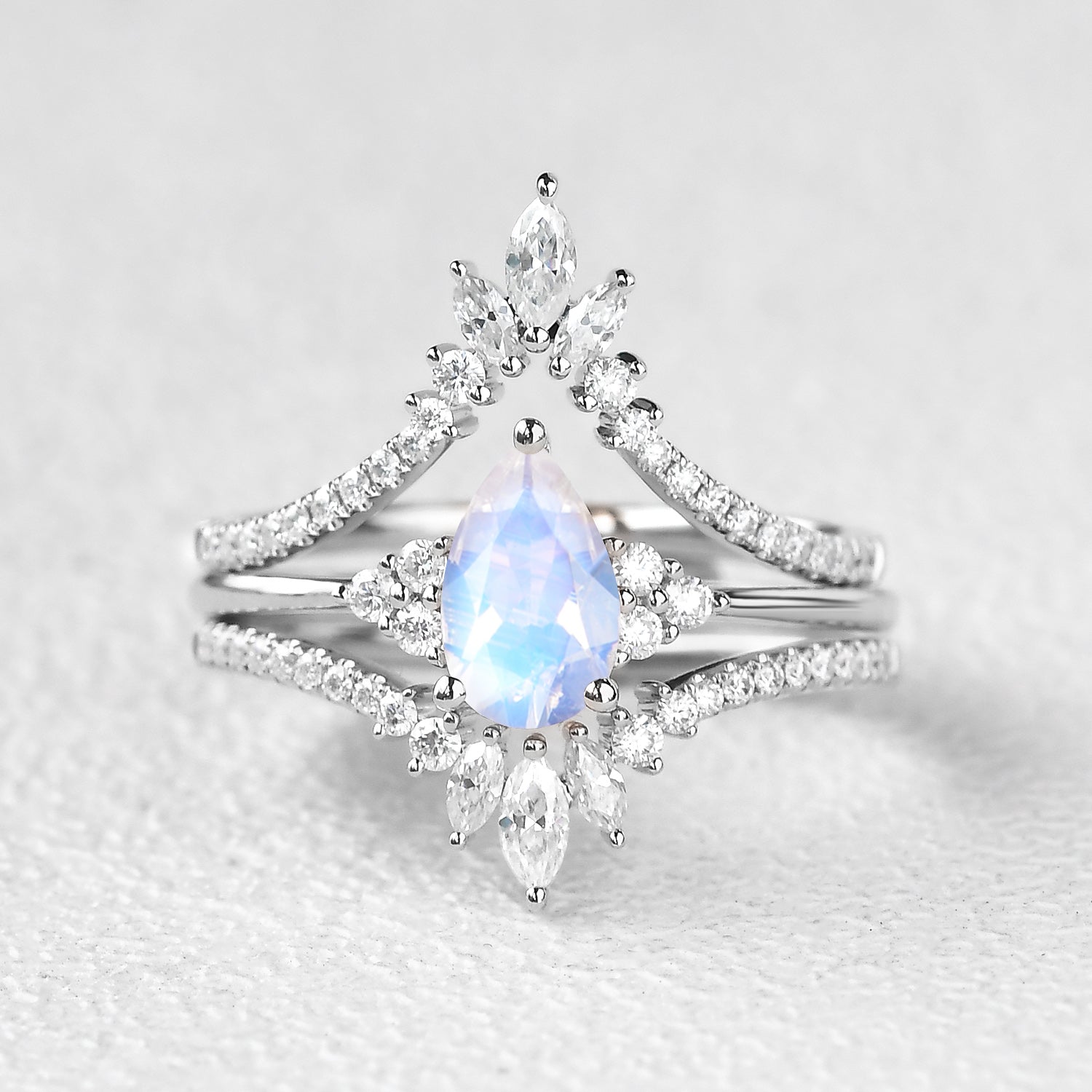 Moonstone Pear Signature Vintage Luna Ring Set 3pcs | AurumLuminos