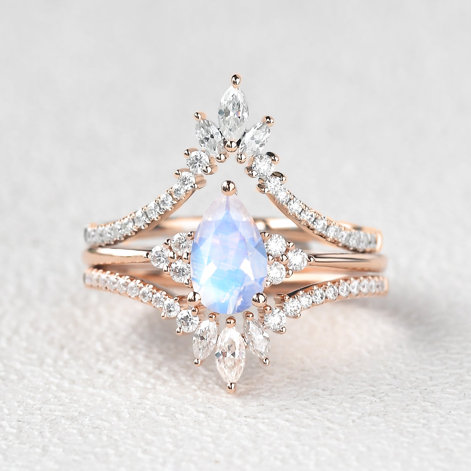 Moonstone Pear Signature Vintage Luna Ring Set 3pcs | AurumLuminos solid gold ring art design ring