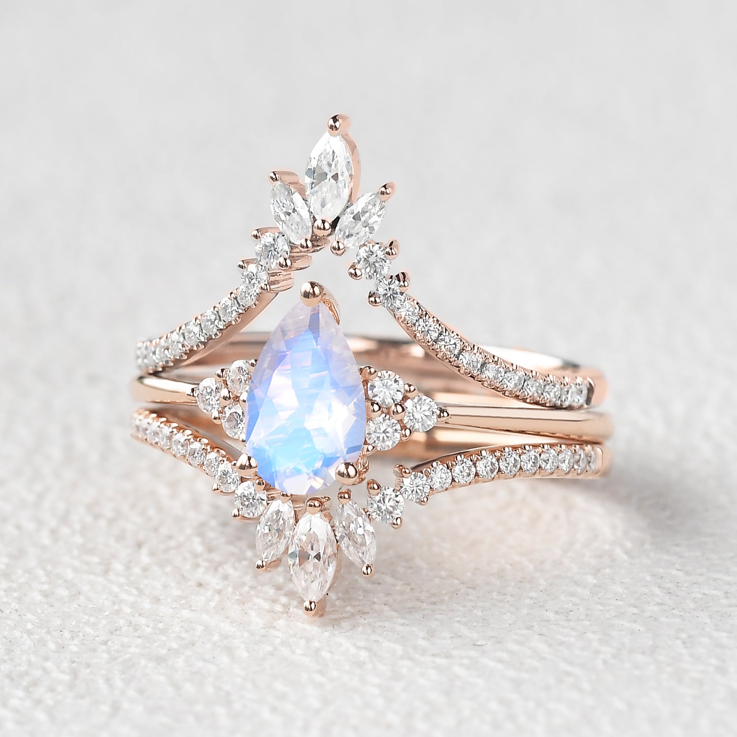 Moonstone Pear Signature Vintage Luna Ring Set 3pcs