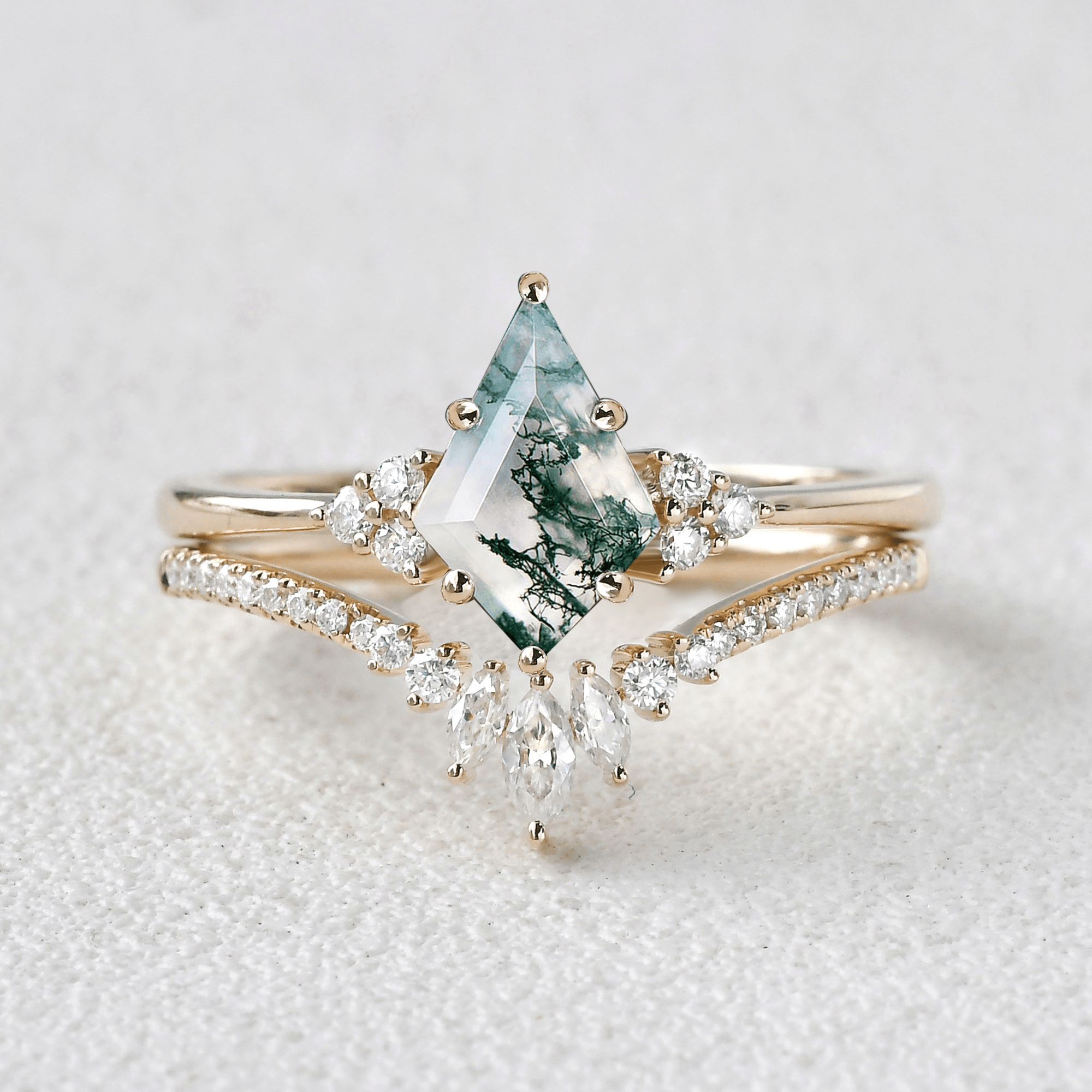 Unique Moss Agate Engagement Ring Set 2pcs - Felicegals 丨Wedding ring 丨Fashion ring 丨Diamond ring 丨Gemstone ring