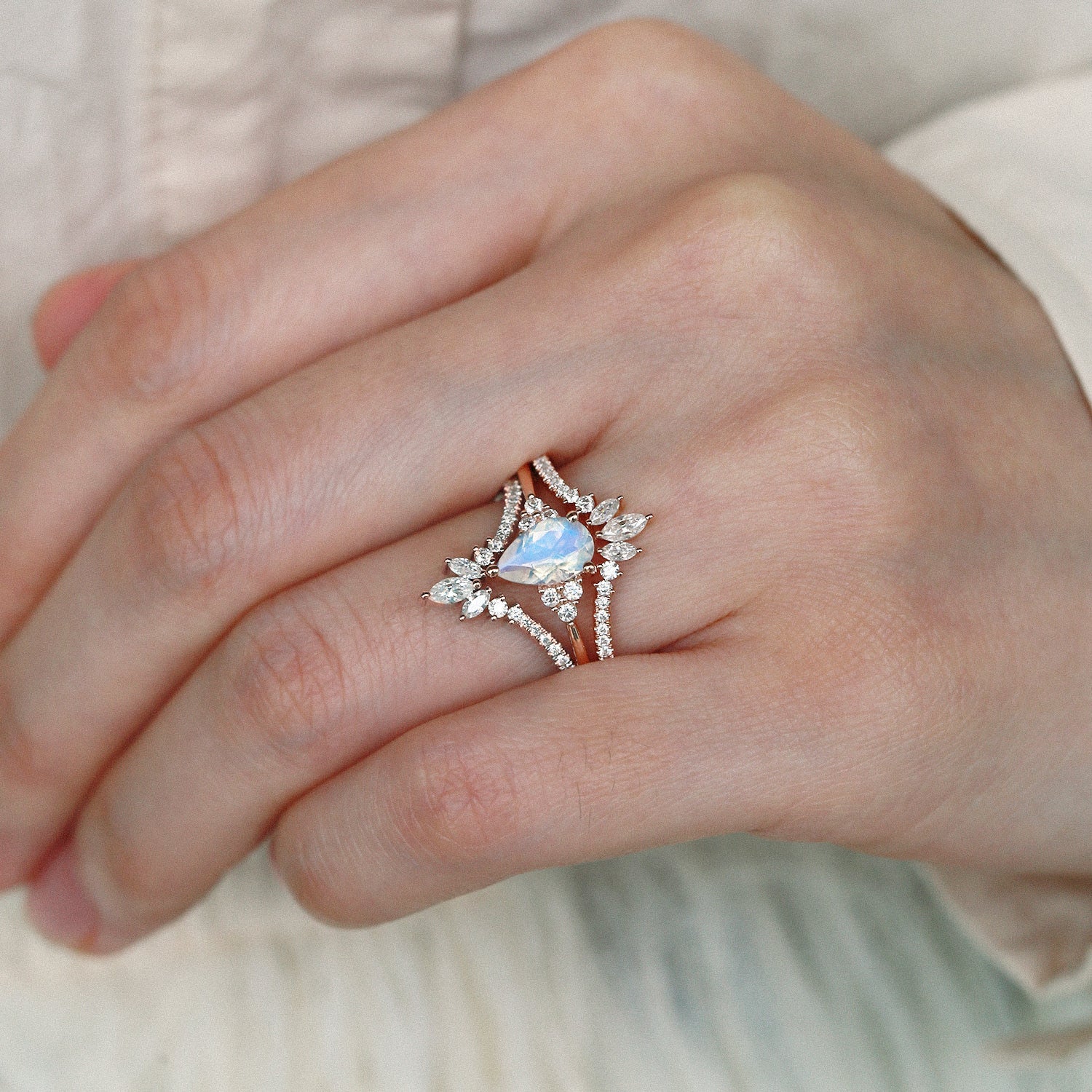 Moonstone Pear Signature Vintage Luna Ring Set 3pcs | AurumLuminos for women gift rings