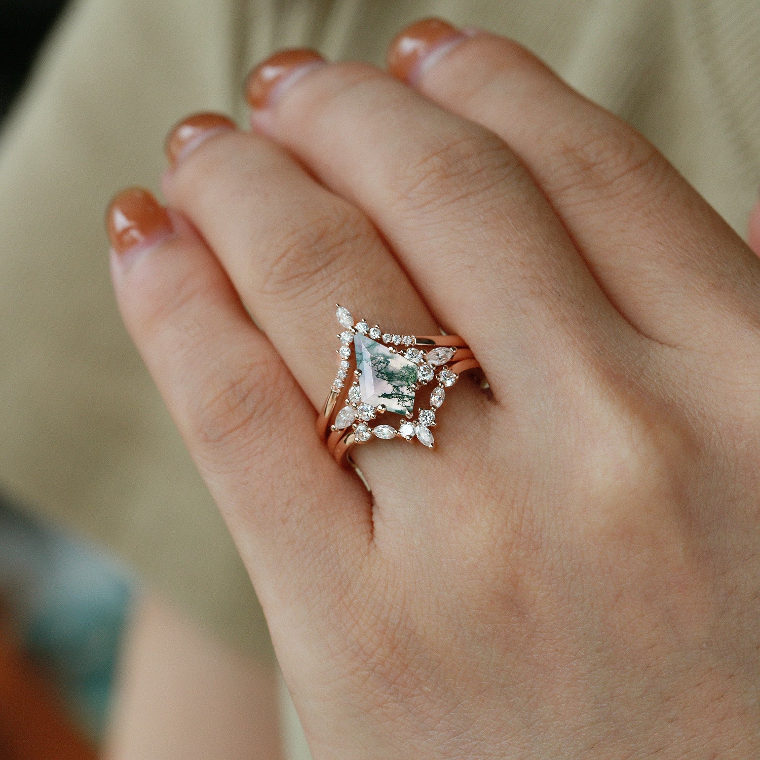Unique Kite Cut Moss Agate Chevron Engagement Ring Set 3pcs for women, anniversar rings for wife ,girlfriend ring,marriage rings