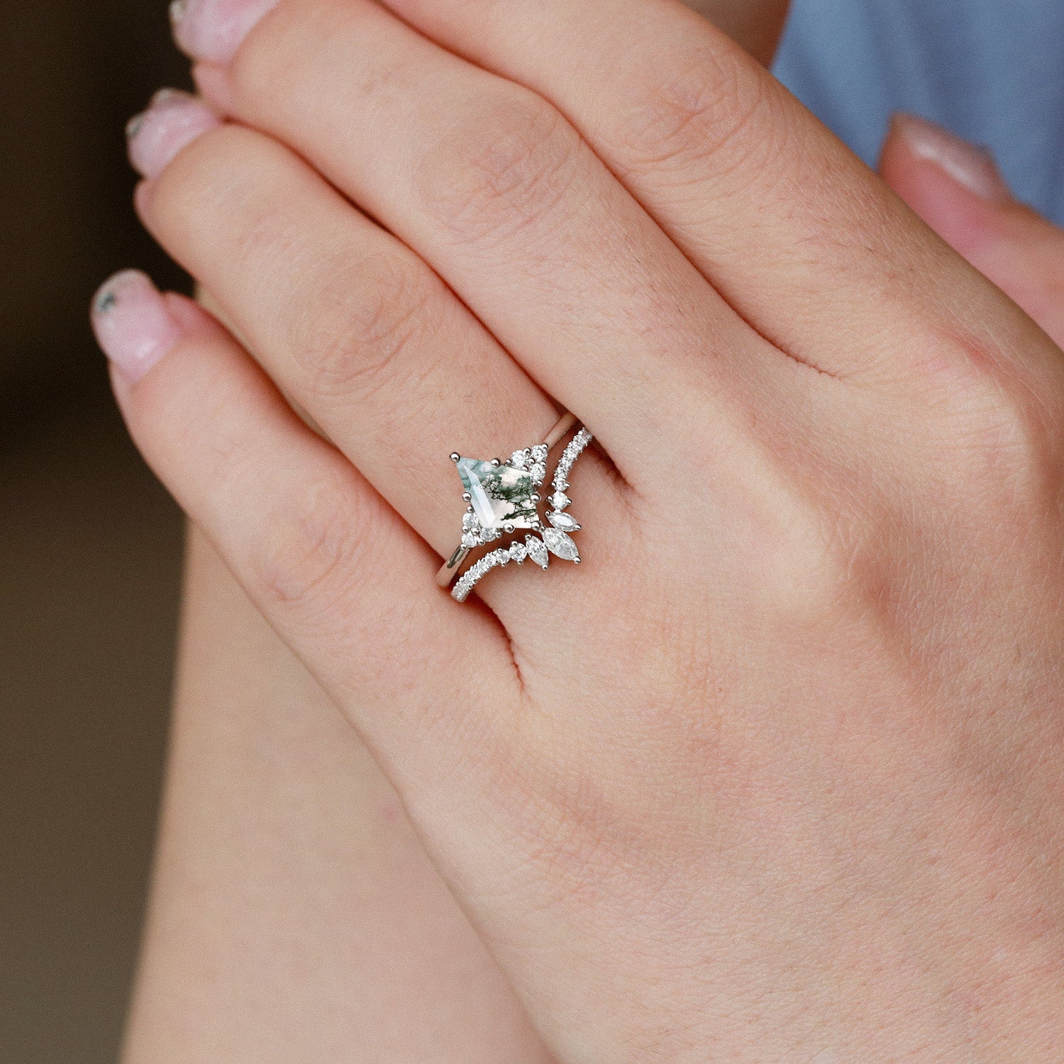 Most Popular Unique Moss Agate Engagement Ring Set 2pcs | AurumLuminos,custom gold ring , promise rings for women,birthstone ring