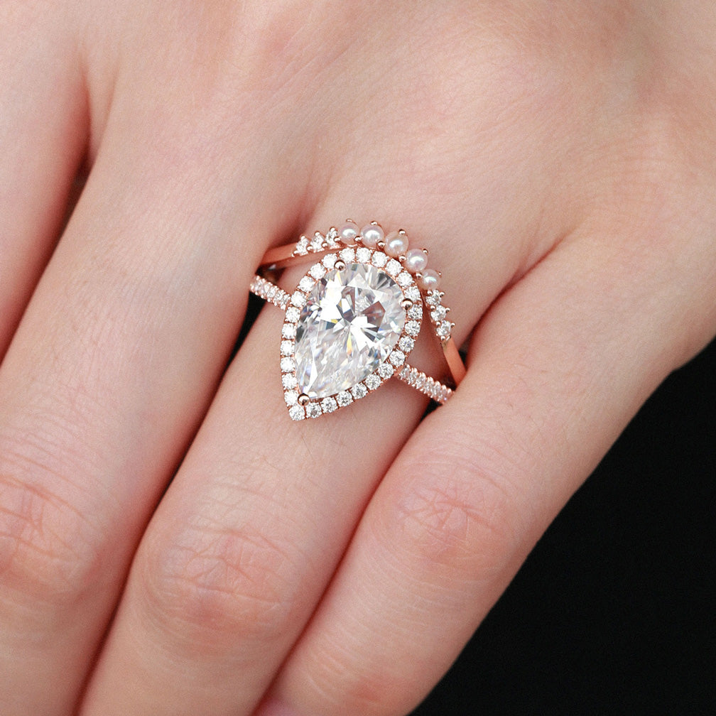 3.5ct Pear & Pearl Moissanite Classic Halo Ring Set 2pcs - Verena