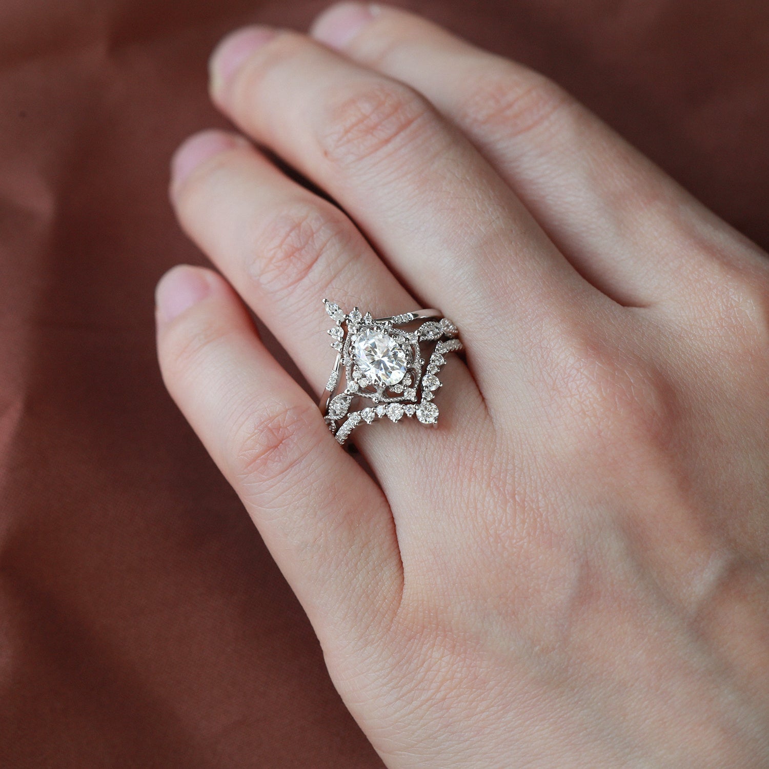 Moss Agate Princess Cut Cluster Engagement Ring Set 3pcs , retro ring set for women, gift for her anniversary rings ,custom unique ring promise ring