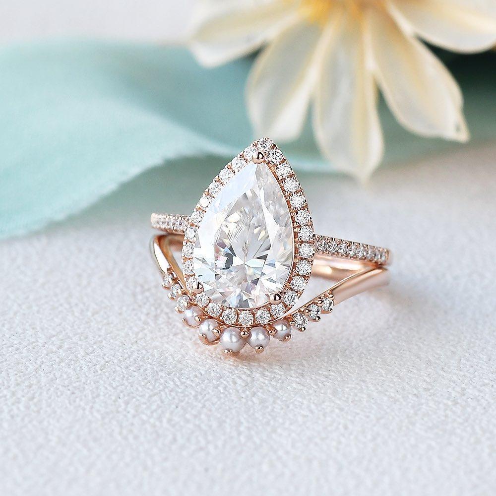 3.5ct Moissanite & Freshwater Pearls Ring Set 2pcs - Felicegals