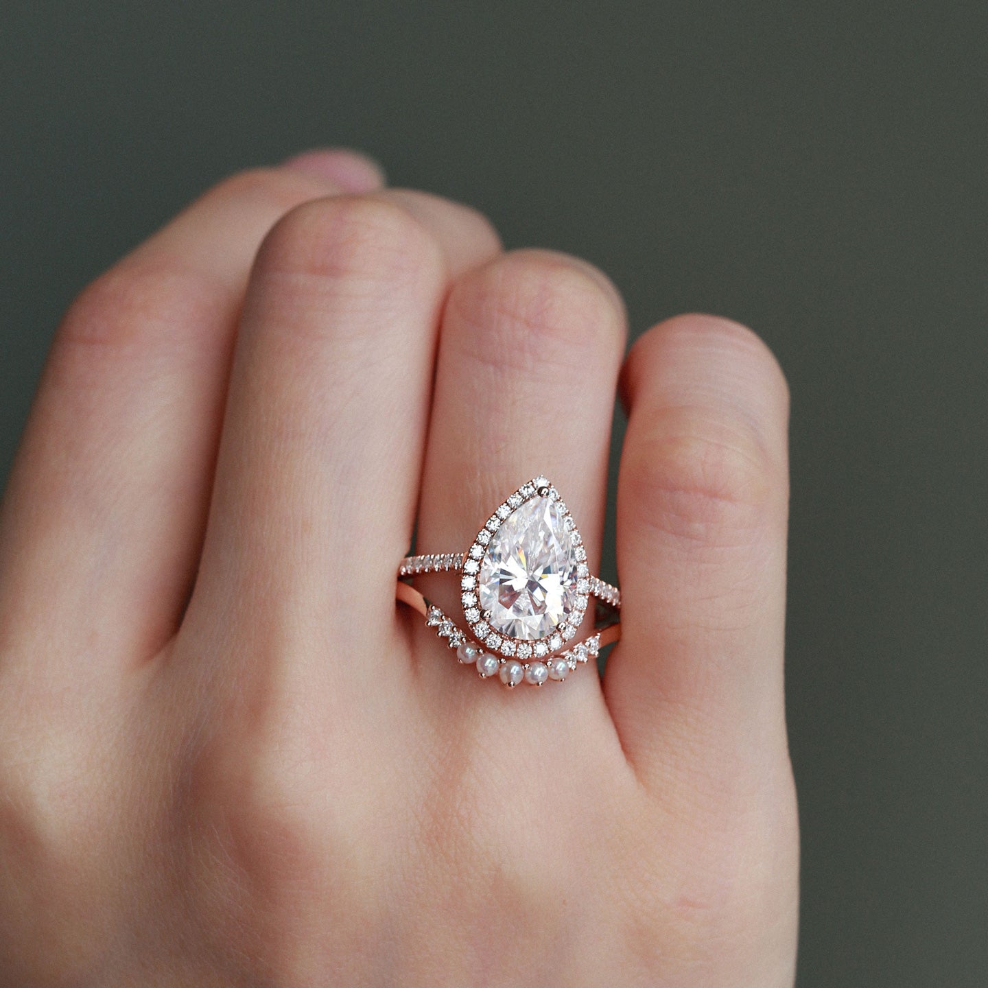 3.5ct Pear & Pearl Moissanite Classic Halo Ring Set 2pcs - Verena