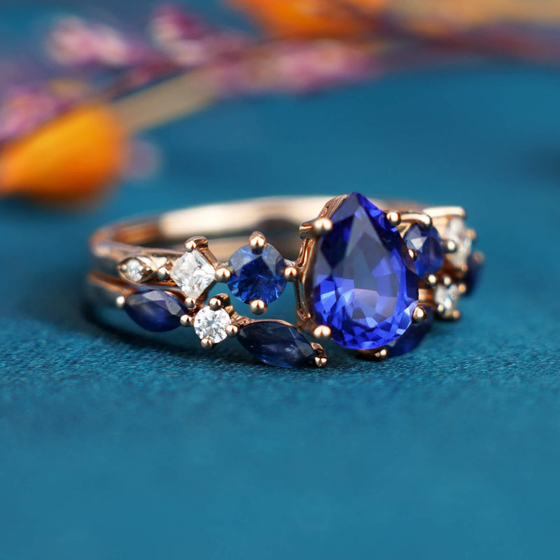 bridal ring set sapphire rings pear cut blue lad gem