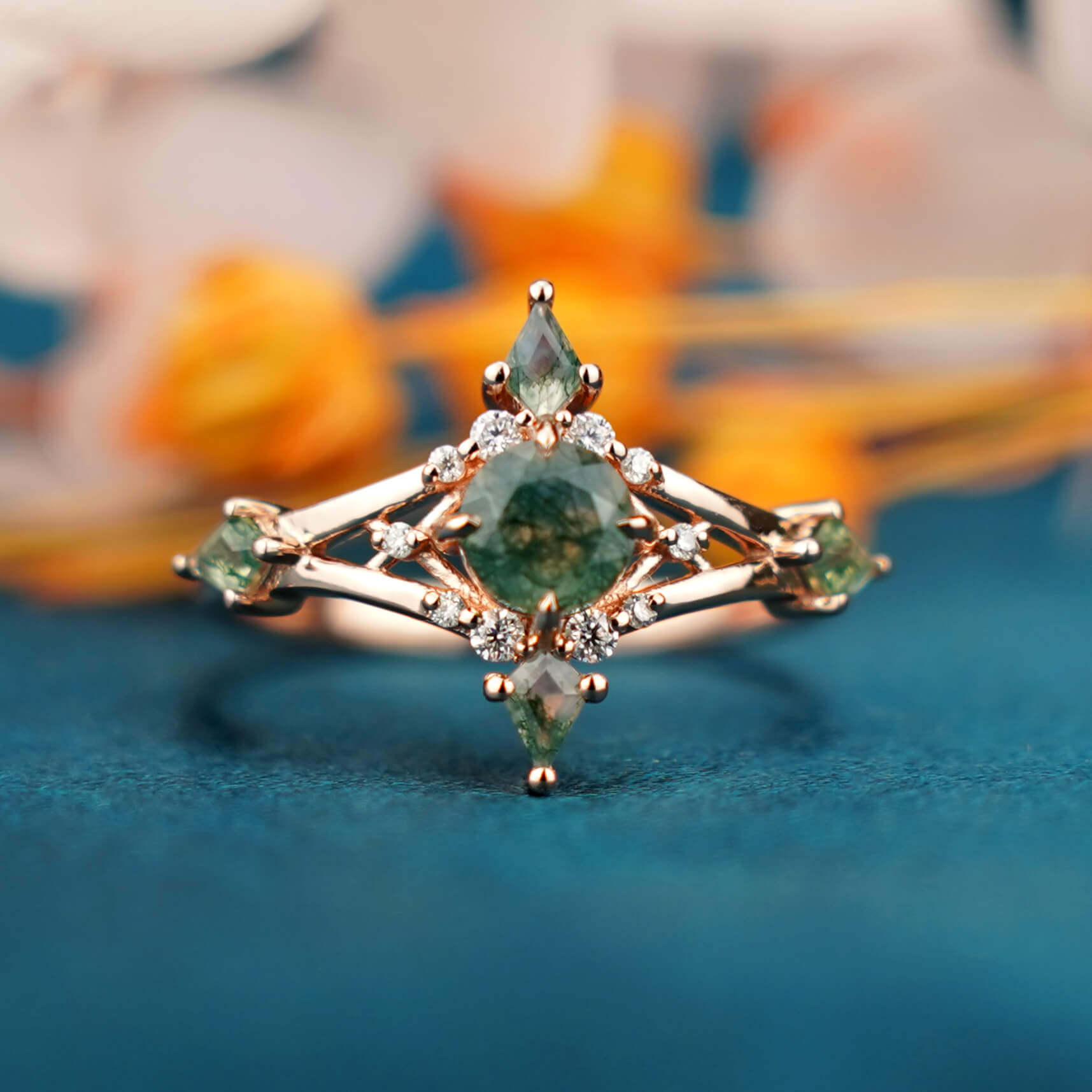 Gothic Retro Cross Moss Agate Ring Engagement Gold Ring for women, cross ring,wedding rings
