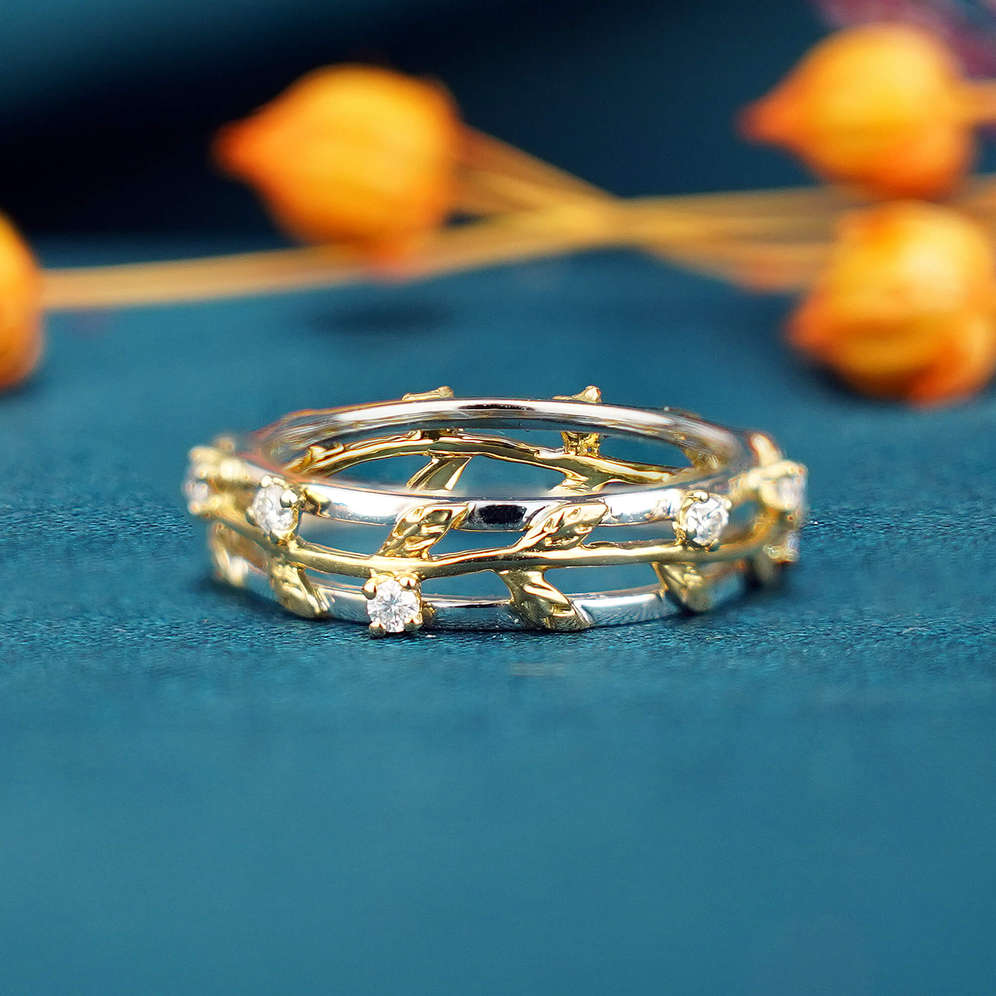 18k Gold Leaf Band Wedding Rings