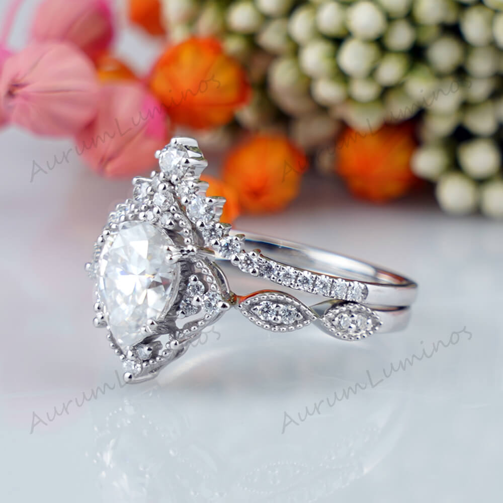 Pear Moissanite Engagement Rings Set -Vintage Pure White Love,white gold ring set for women gift 