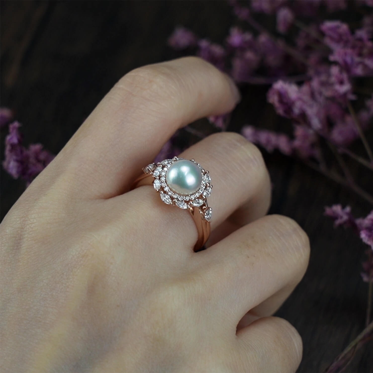 Pearl Blossom Ring - Ethereal Akoya Pearl & Moissanite Petals Ring, halo ring, engagement ring for women gift, anniversary rings