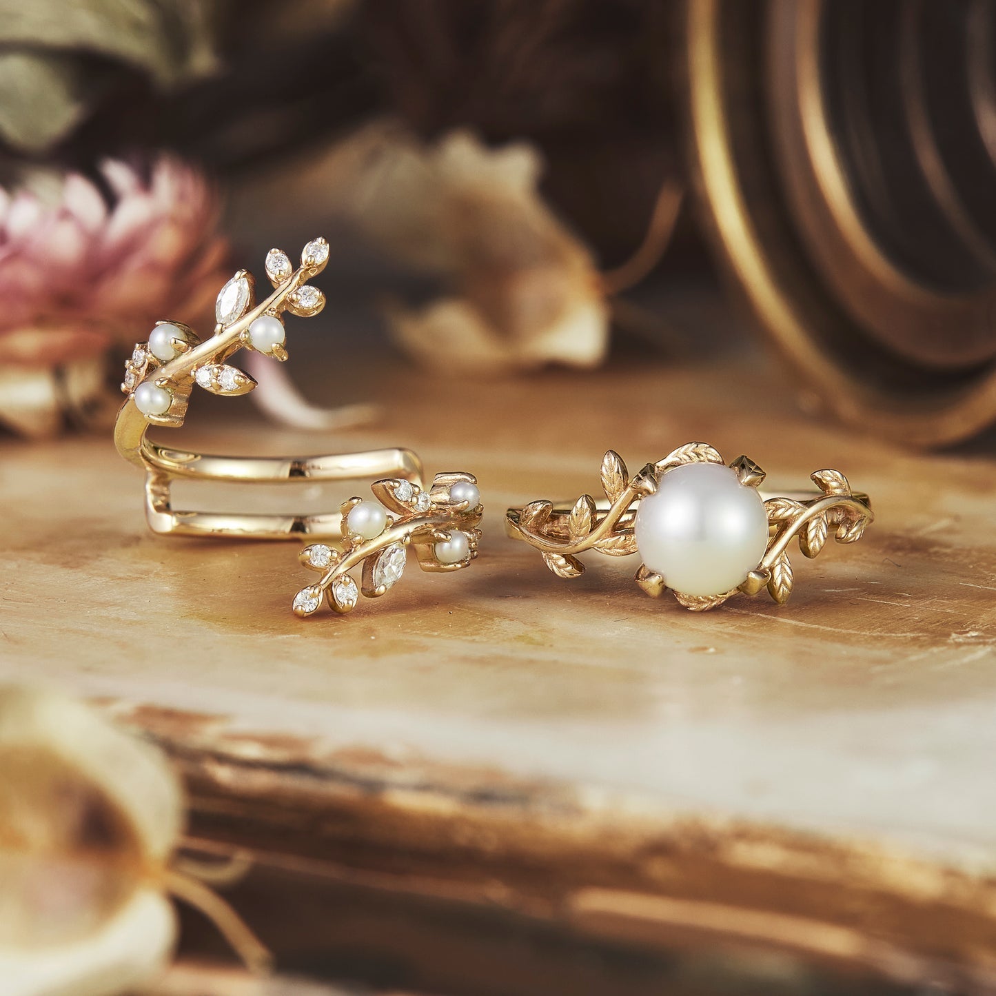 Nature Inspired Pearl Ring Set-Pearleaf