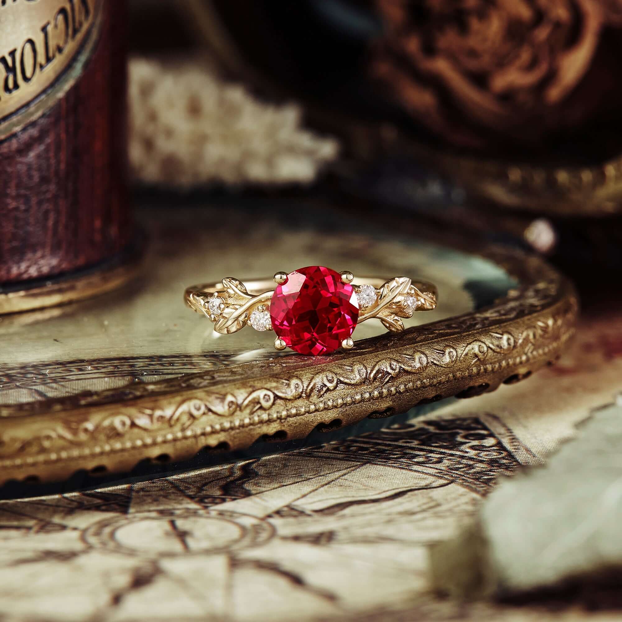 Ruby Engagement Ring  custom leaf ring