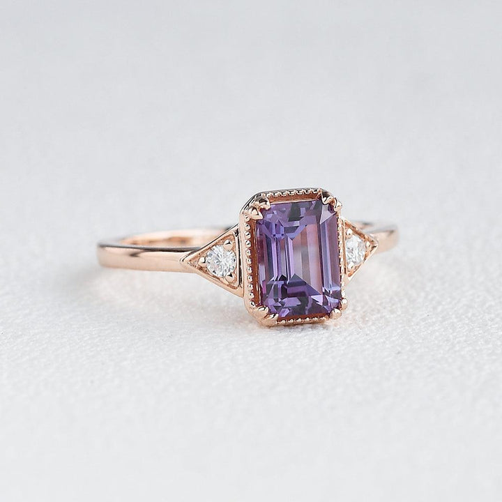 Emerald Cut Amethyst Engagement Ring Three Stones Rings，custom rose gold rings for women,anniversary rings birthston ring