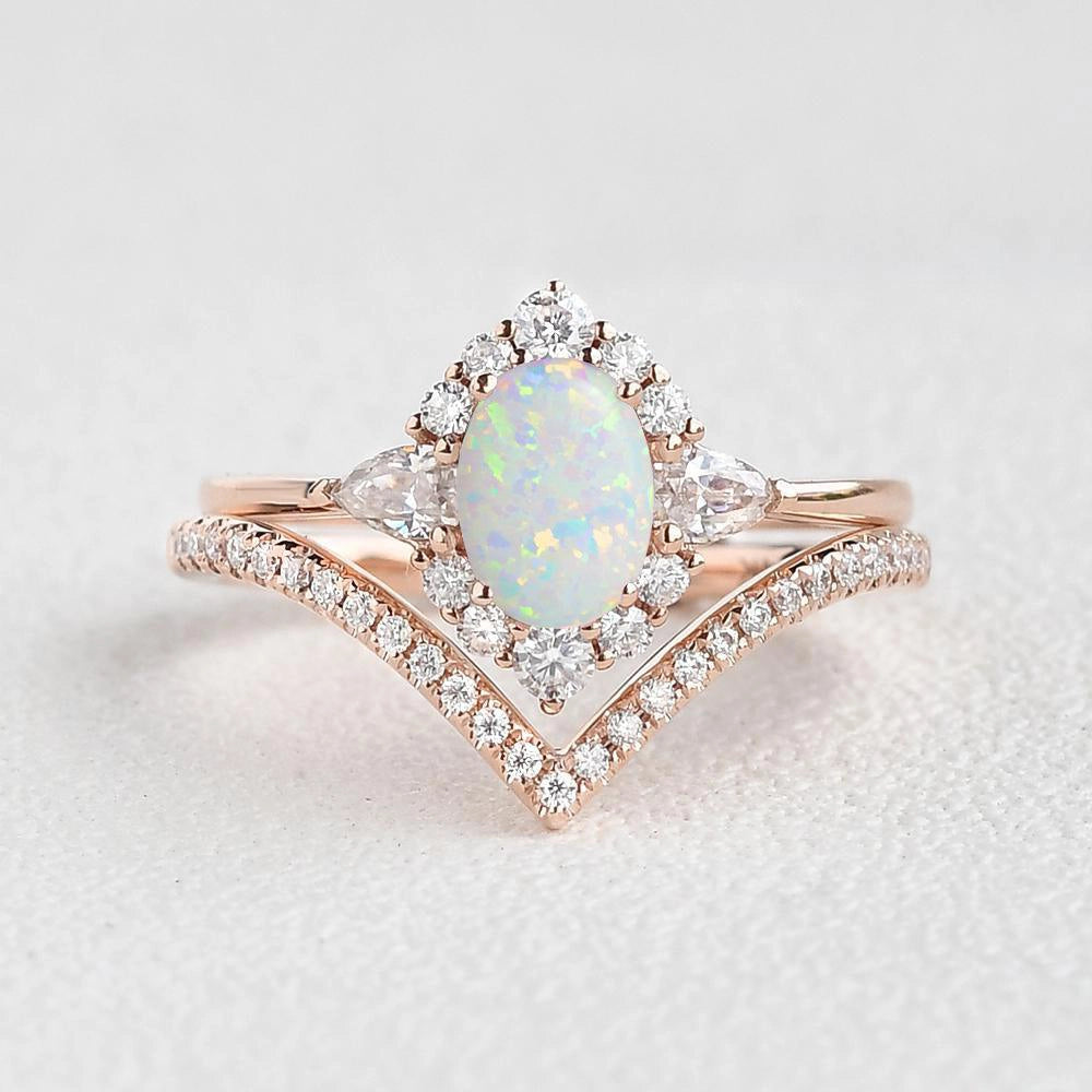 Oval Opal Halo Weeding Ring Set Rose Gold Rings For Women | AURUMLUMINOS