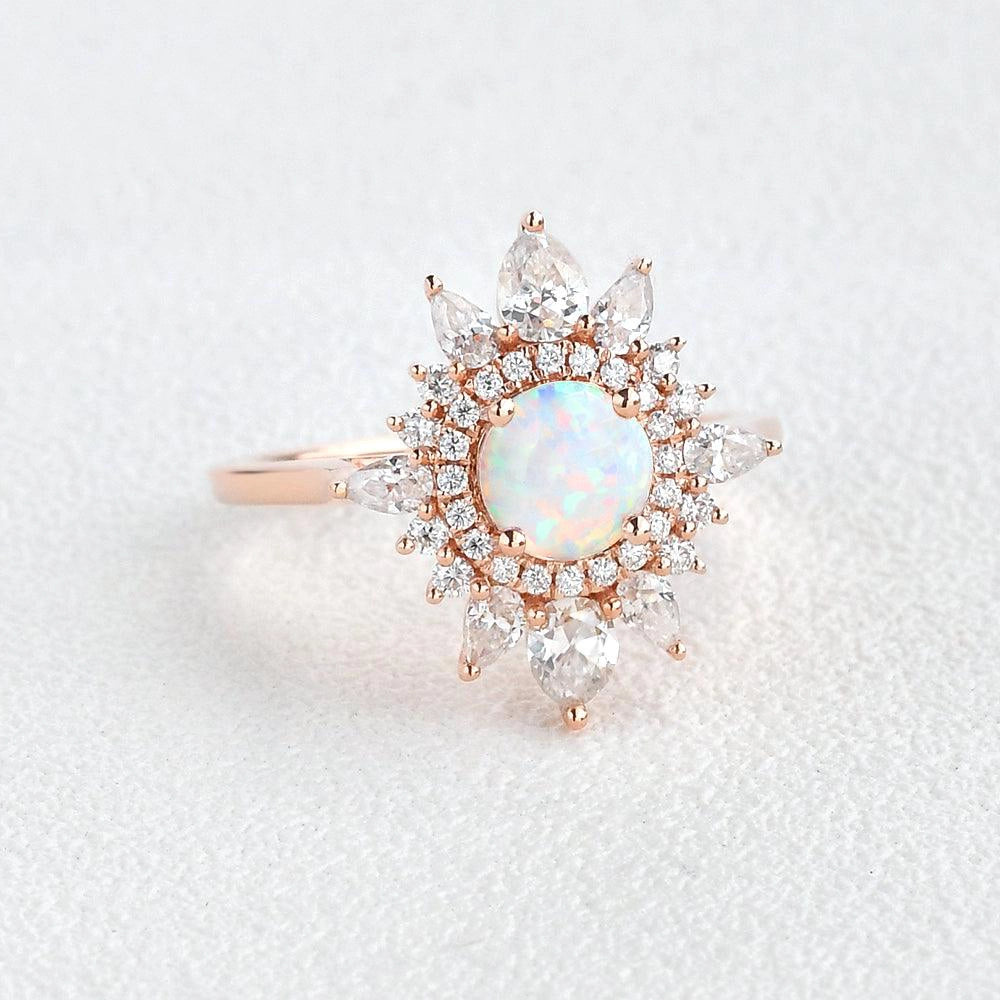 Round Opal Halo Rings Flower Style Engagement Rings