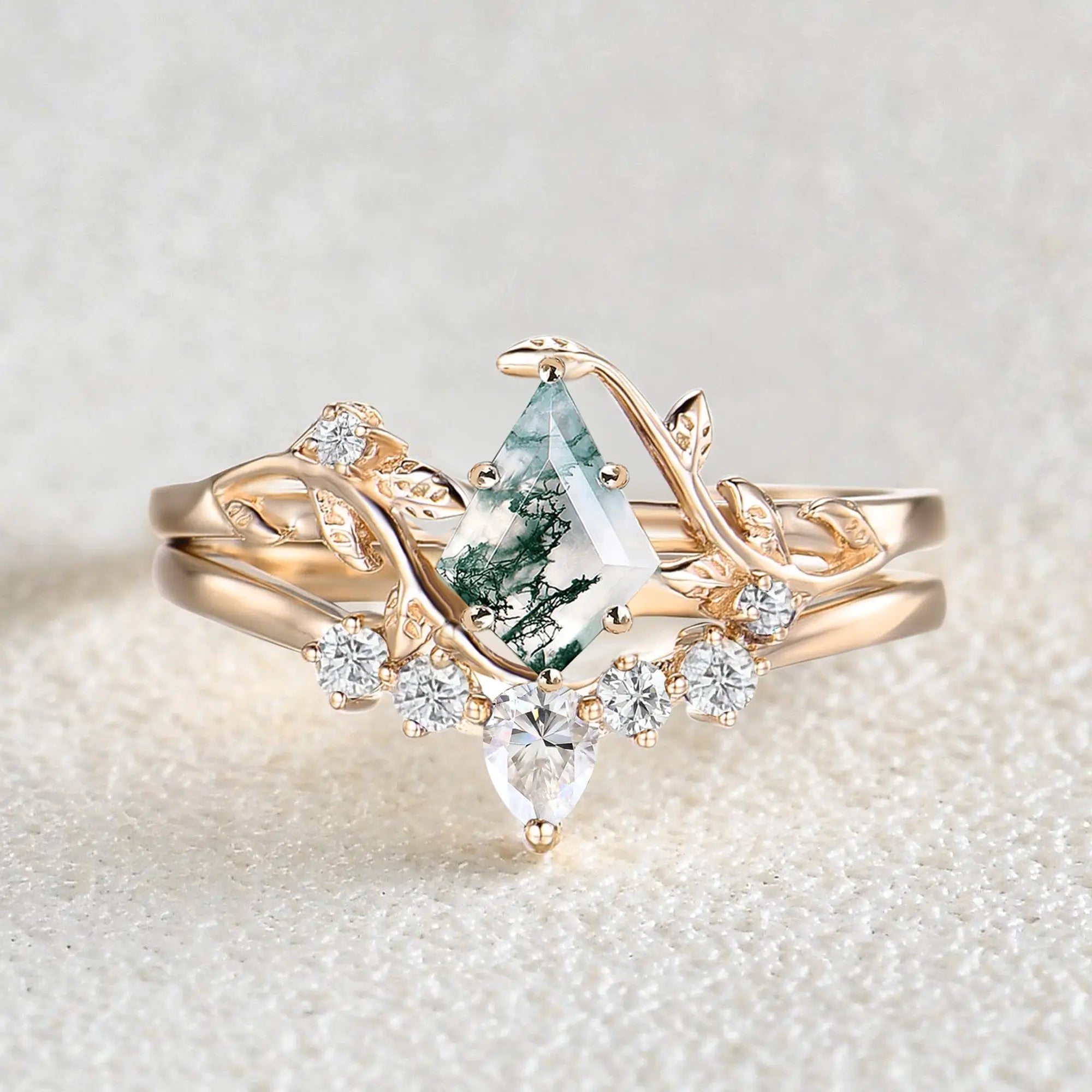 Unique Kite Cut Moss Agate Leafy Bridal Ring Sets  - Aurora,rose gold ring for women gift