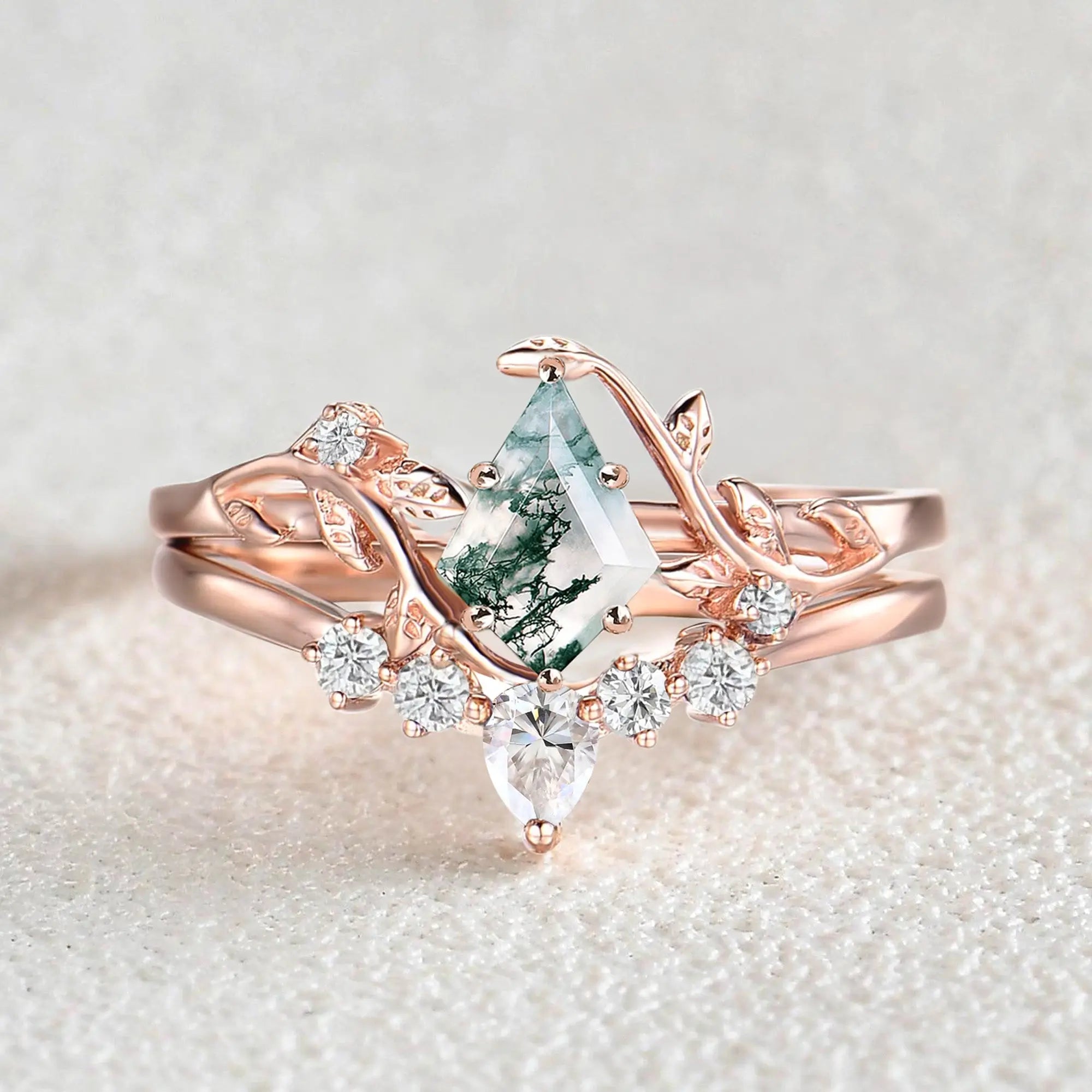 Unique Kite Cut Moss Agate Leafy Bridal Ring Sets  - Aurora