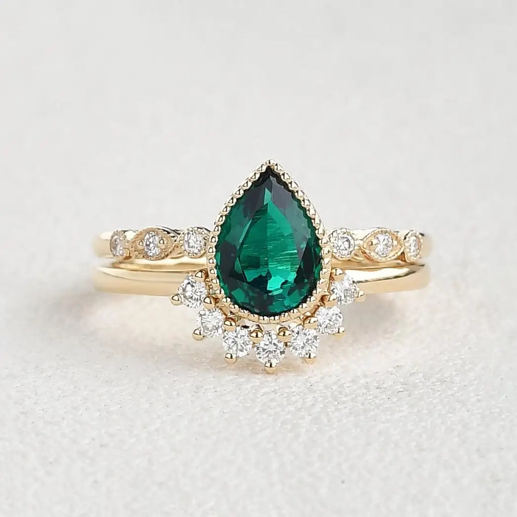 Emerald Elara -Pear Lab Emerald Engagement Ring Sets | Aurumluminos custom ring for women , retro ring