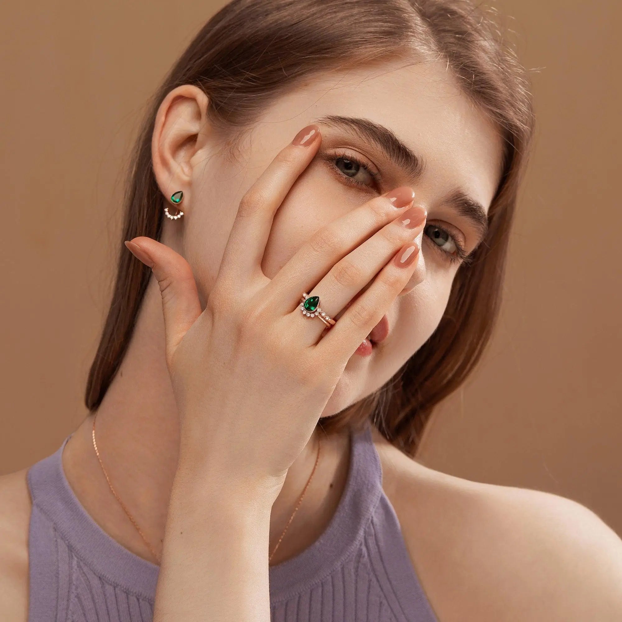 Emerald Elara -Pear Lab Emerald Engagement Ring Sets | Aurumluminos custom ring for women , retro ring,promise rings