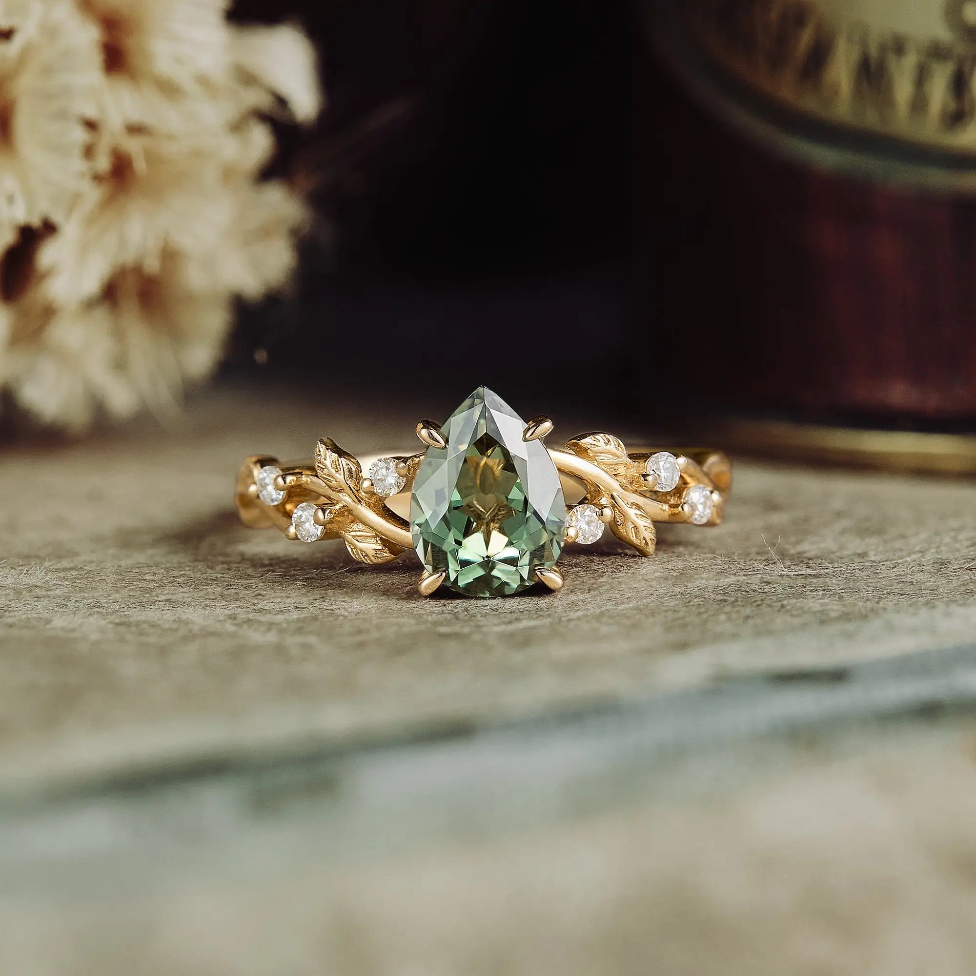 Aria Engagement Ring - Pear Cut Lab Green Sapphire Leaf Rings Custom