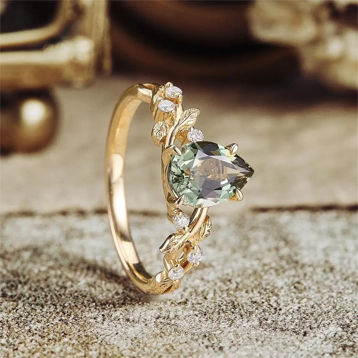 Pear Green Sapphire Leaf Engagement Ring - Aria
