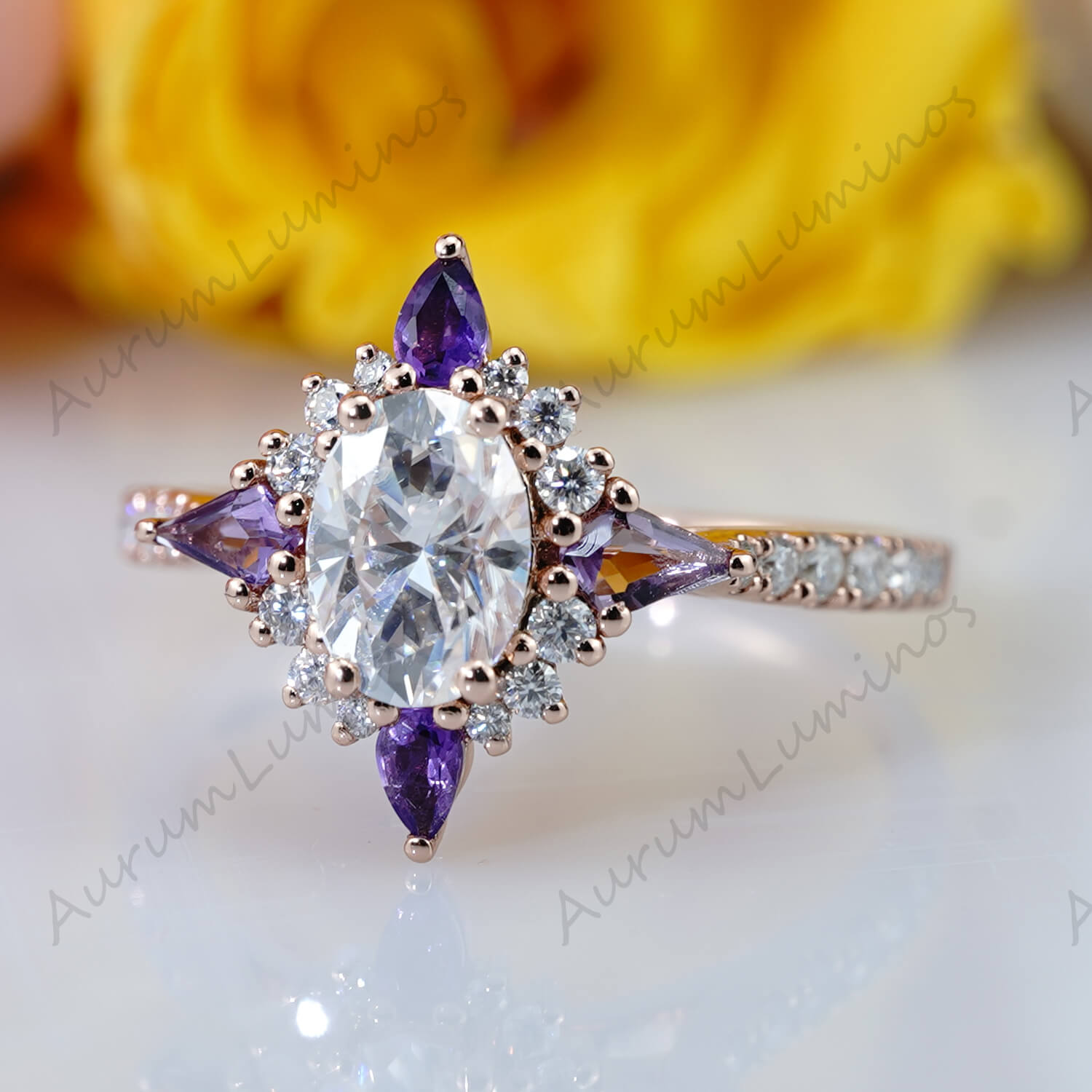 Oval Cut Moissanite Amethyst Bridal Ring Gothic