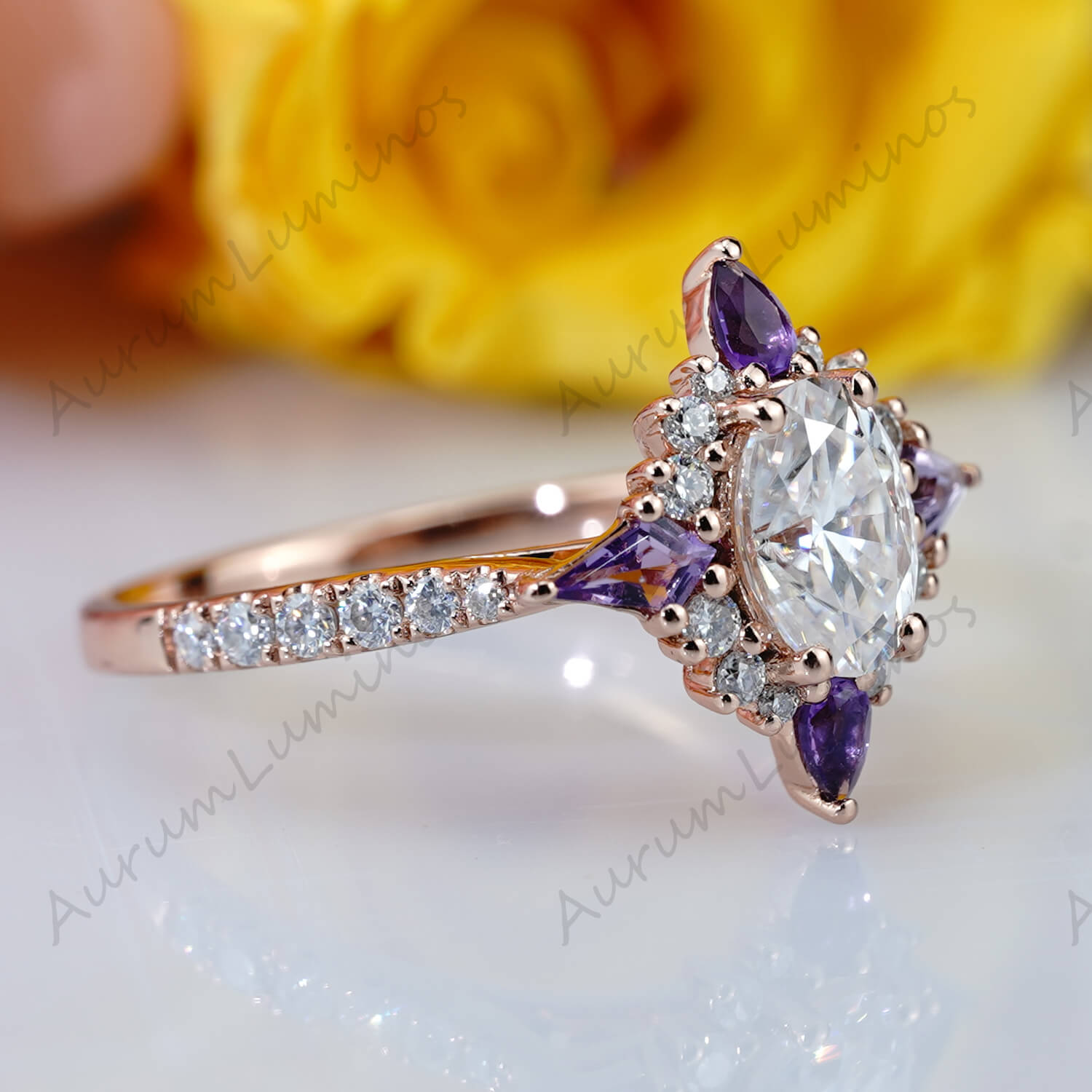 Oval Cut Moissanite Amethyst Bridal Ring Gothic