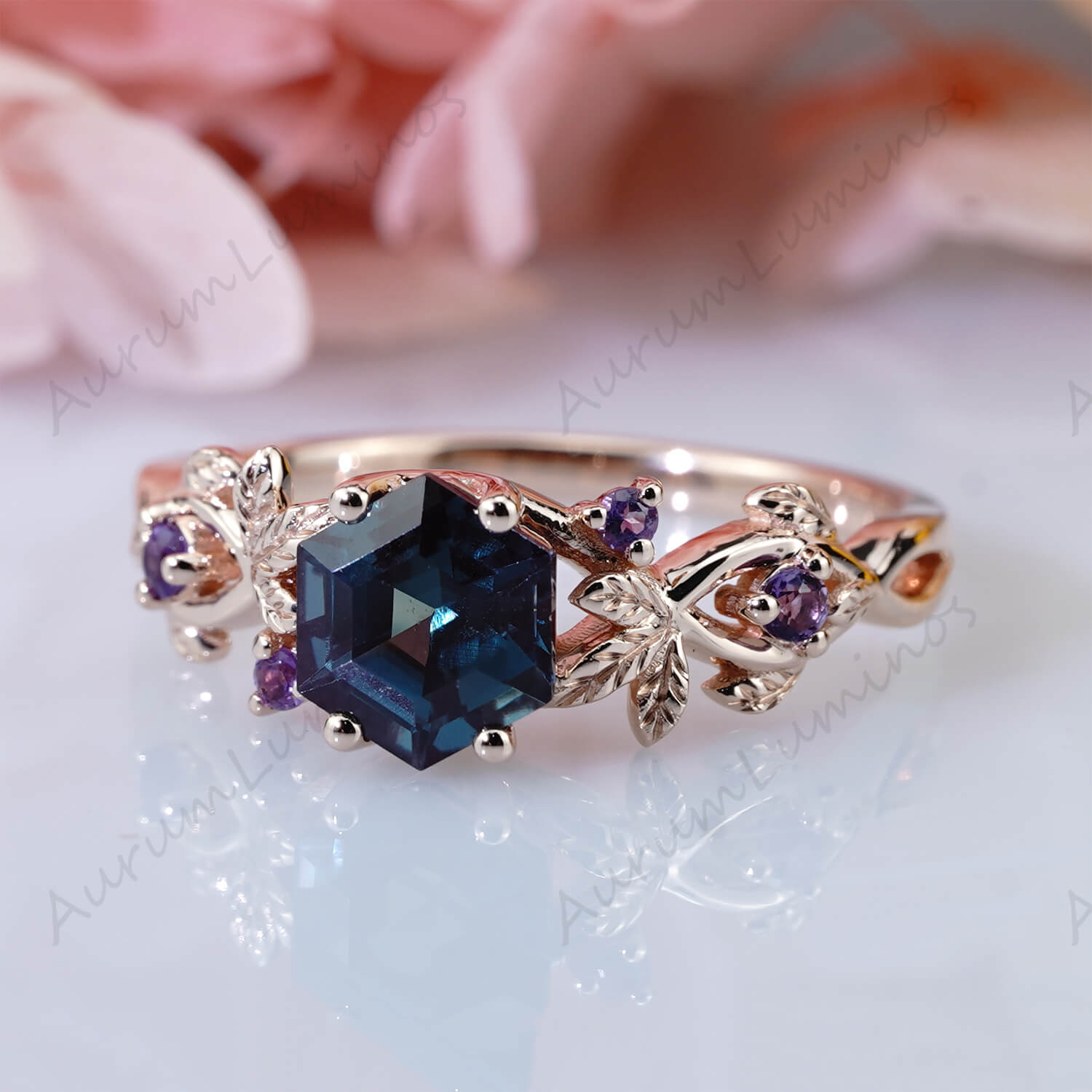 Nature Inspired offers Leaf alexandrite ring set cluster amethyst color changing alexandrite engagement ring women unique wedding ring set for her