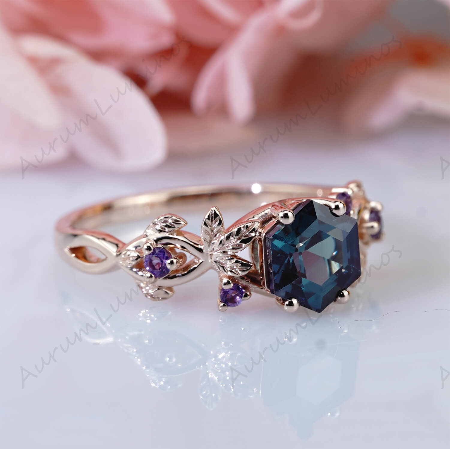 Unique Alexandrite Floral Engagement Ring Hexagon Leaf Wedding Ring