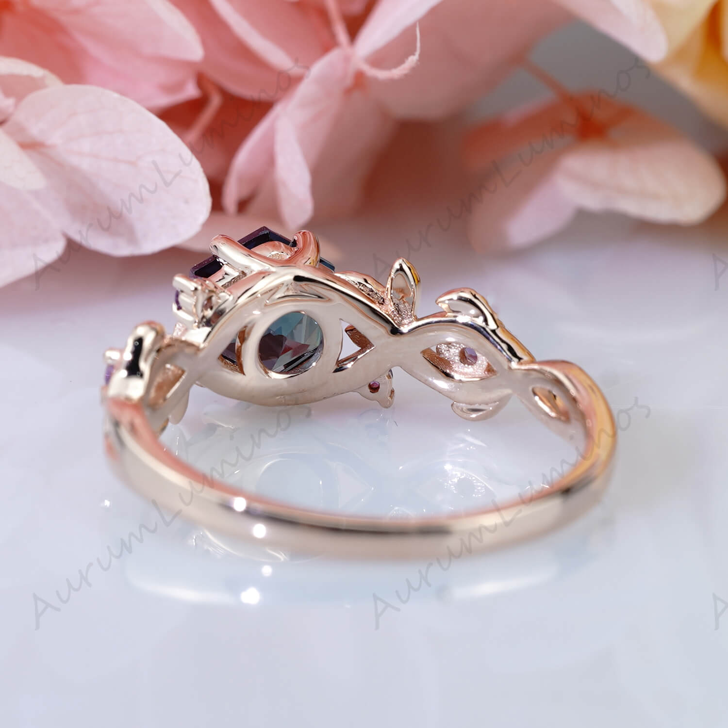 Unique emerald cut Alexandrite engagement ring rose gold flower ring art deco hotsell dainty moissanite ring for women vintage promise wedding ring