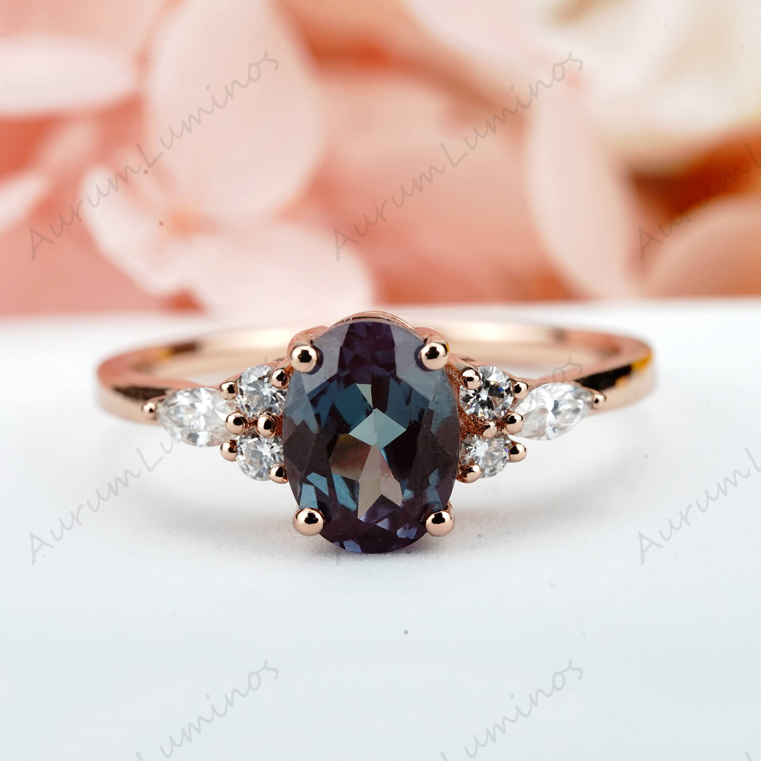 Oval Alexandrite Ring Low Profile Bridal Ring Birthstone Rings for women