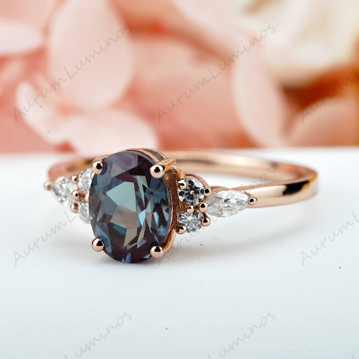 Oval Alexandrite Ring Low Profile Bridal Ring Birthstone Rings for women unique gift