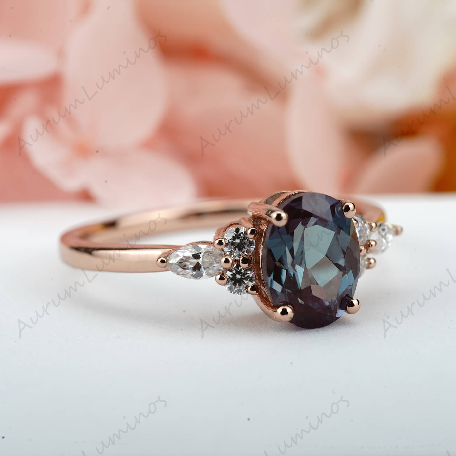 Oval Alexandrite Ring Low Profile Bridal Ring Birthstone Rings