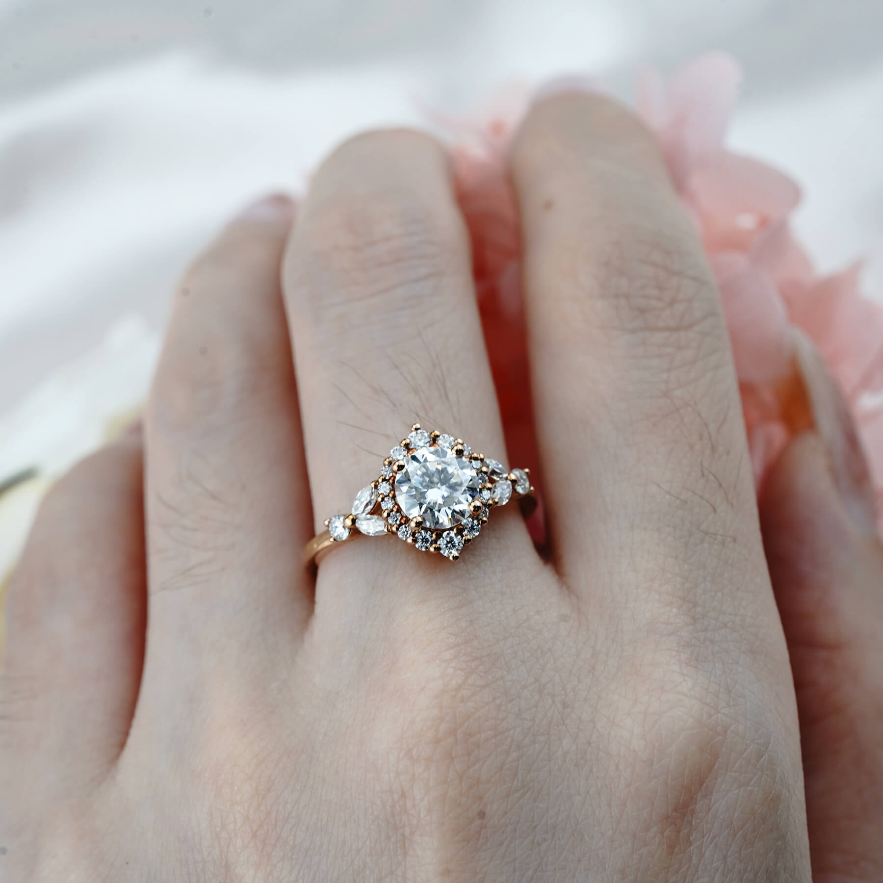 Round Cut Moissanite Engagement Ring 18k Yellow Gold , Unique Handmade Custom Ring, Vintage Unique Marquise Diamond Cluster Ring Antique Flower Ring Bridal Gift For Her